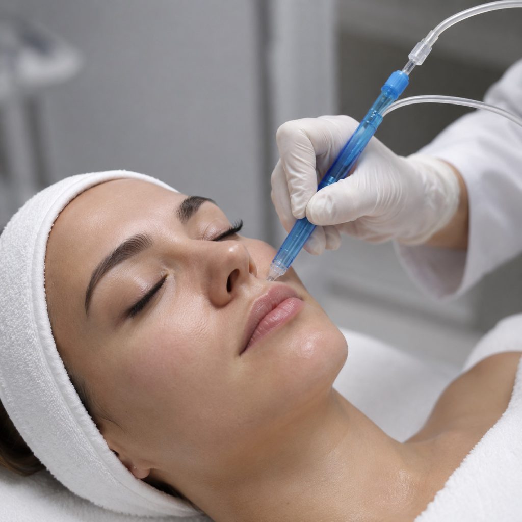 JetPeel nozzle on a reclining client's face - JetPeel treatment in Vienna