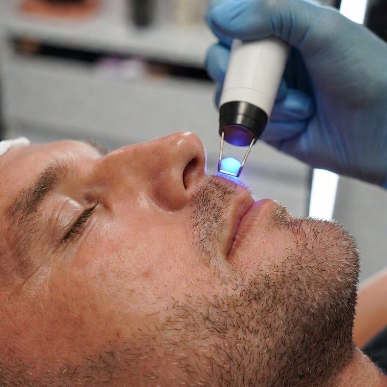 Handpiece with blue light on a man's chin - men's skincare treatment in Vienna